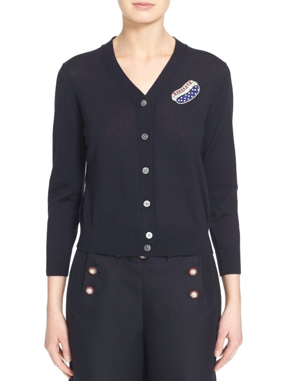Marc Jacobs Women's Embellished Wool Knit Cardigan Sweater in Navy Size L